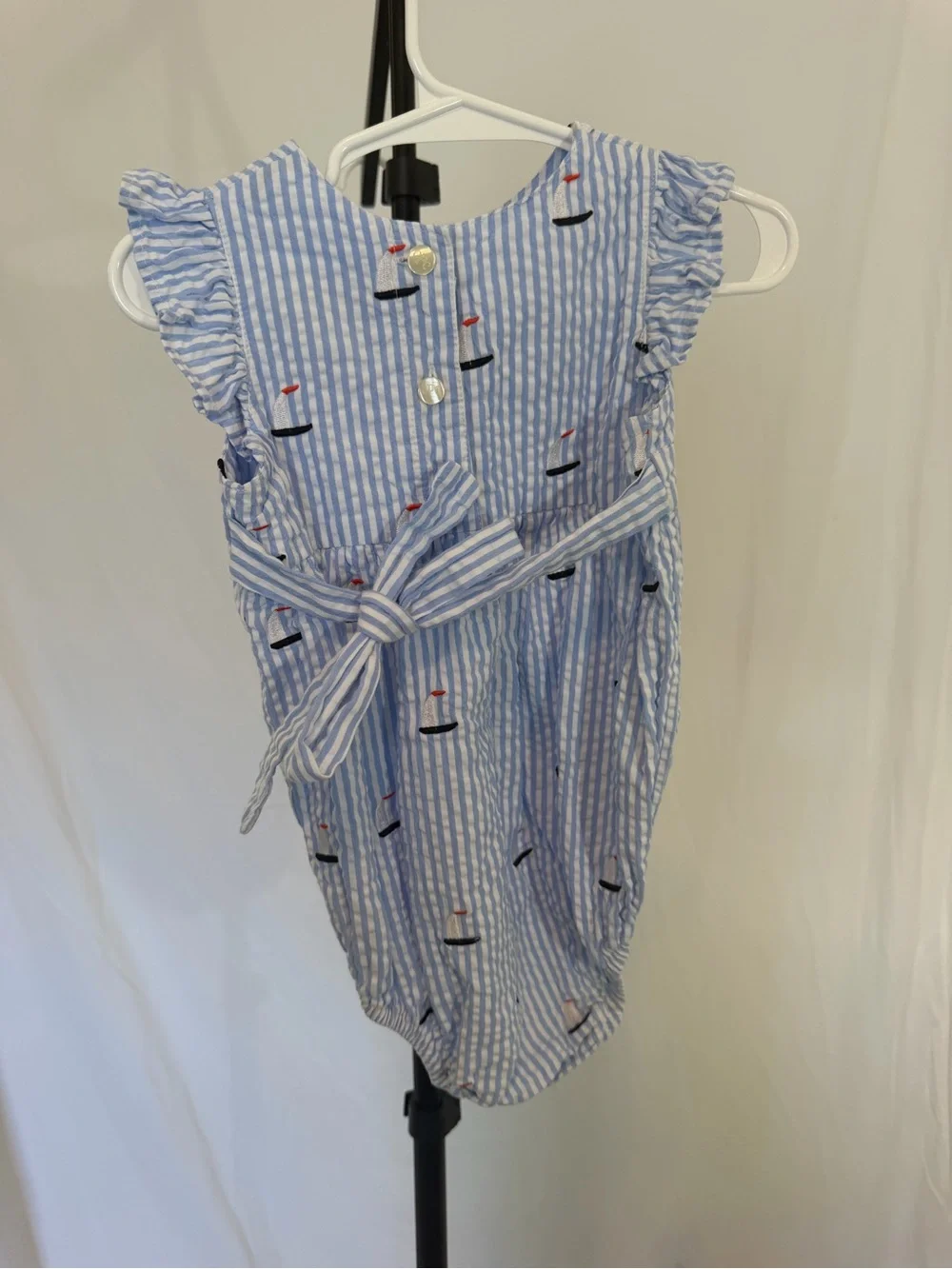 Classic Prep Children’s Wear Sailboat Seersucker Bubble Romper 12-18M